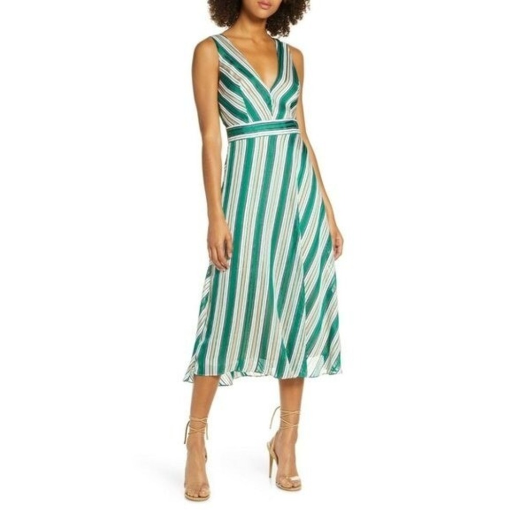 Chelsea28 Womens SMALL Green Sleeveless Striped Full‎ Length V-Neck Maxi Dress